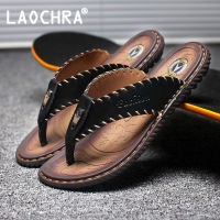 ร้อน, ร้อน★LAOCHRA Genuine Leather Men Flip Flops Big Size 38-46 High Quality Summer Mens Sandals Soft Sole Flat Slippers For Men Outdoor Men Shoes