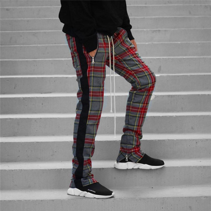 20212020 New Fashion Men Sweatpants Hip Hop Pants Red Plaid Streetwear Zipper Slim Pencil Pants men Trousers Jogger Pants