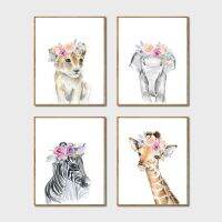 Animal Flower Crown Art-ภาพวาดผ้าใบคุณภาพสูง-ของตกแต่งบ้านคุณภาพสูงสำหรับห้องเด็ก-ไม่มีกรอบ