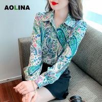 AOLINA 2022ฤดูใบไม้ร่วงใหม่ของผู้หญิงแฟชั่นย้อนยุคแขนยาวคอปกพิมพ์เสื้อผ้าไหมซาตินสีเขียวอารมณ์เสื้อ