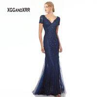 【YF】 Elegant Short Sleeves Long Mother of the Bride Dresses for Weddings 2022 V Neck Beaded Navy Blue Formal Evening Dress Gala Party