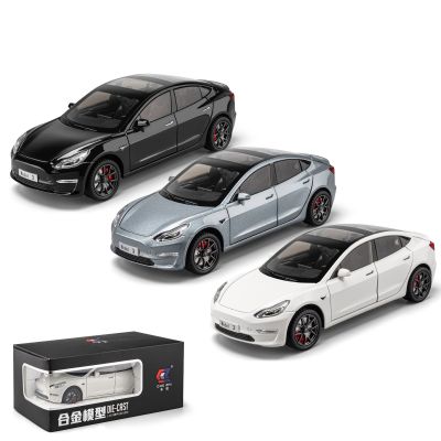 1/24 Tesla Model 3 Diecast Metal Toy Car 1:24 Miniature Alloy Vehicle Pull Back Sound Light Collection Gift For Boy Children