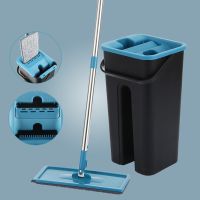 Squeeze Mop Bucket Wringer Set Flat Floor Mop Cleaning Wet Dry Upgraded Self-Balanced Easy Press 6 Washable Microfiber Mops Rags