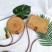 Women Summer Rattan Bags Round Square Straw Bag Handmade Woven Beach Crossbody Bags Vintage Circle Bohemia Bali Shoulder Bag