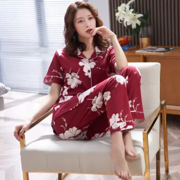 FallSweet Silk Pajamas Set for Women Solid Sleepwear Pyjamas Plus