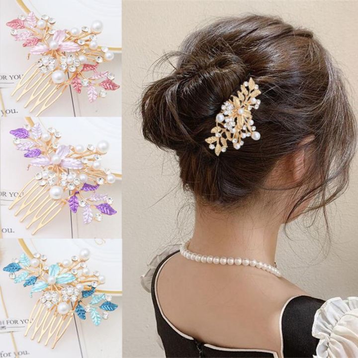 new-fashion-five-tooth-hair-comb-korean-style-womens-adult-hair-accessories-four-colors-painted-floral-metal-insert-comb