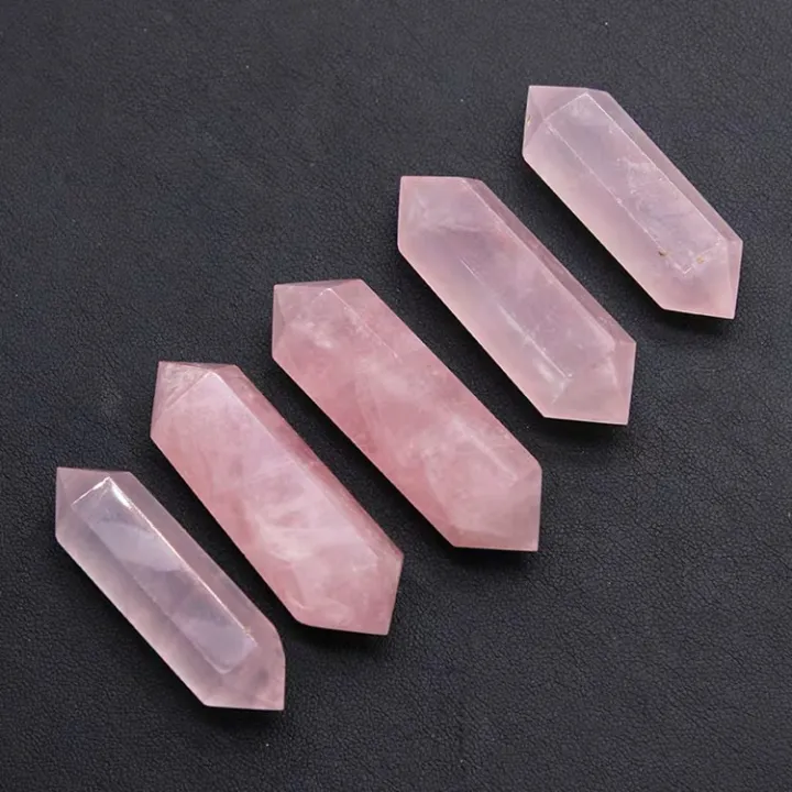 Double-terminated rose quartz crystals