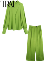 TRAF Casual 2022 Spring Women Top Green Suits Long Sleeve Bow Tied Back Loose Shirt + Satin Pants Female 2 Piece Set