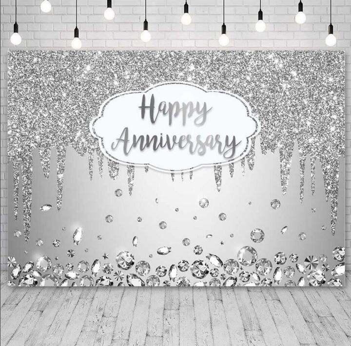 Happy Anniversary Backdrop Silver Dripping Glitter Crystals Photography