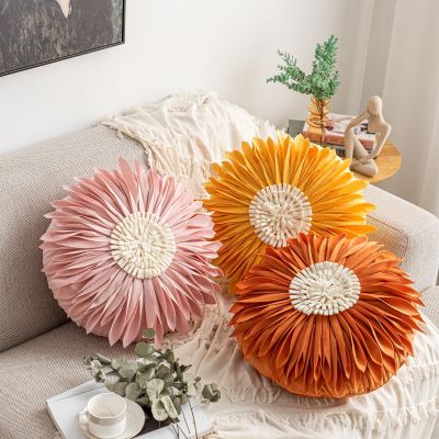 Round Handmade Flowers Pillow Cover Velvet Chrysanthemum Home Decor White Pink Blue Yellow Cushion Cover Sofa Pillowcase 45x45cm