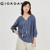 GIORDANO Women Blouses Exquisite Texture Stripe 3/4 Sleeve Relaxed Blouses Ribbon V-Neck Pleated Fashion Casual Blouses 18343915