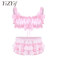 Sissy Men Satin Lingerie Set Ruffled Frilly Bowknot Wire-free Bra Crop Top Bloomer Tiered Skirted Panties y Men Underwear