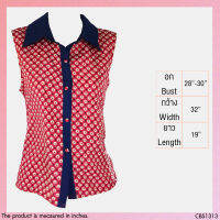 USED - Red Strawberry Polka Dot Collar Top | เสื้อแขนกุดสีแดง สีขาว เสื้อคอปก ลายจุด ลายดอก ทำงาน วินเทจ มือสอง