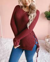 Autumn Knitted Sweaters Women Sexy O Neck Solid Split Cross Bandage Long Sleeve Pullover Tops Female Casual Loose Winter Jumper