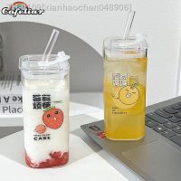 ✆⊕ xianhaochen048906 Fruits Transparente Café Copo com Lábio e Palha Caneca De Chá Leite Resistente Ao Calor Bar Drinkware Casal Presentes Bebida