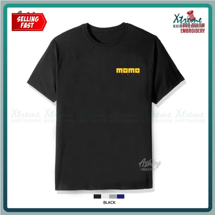 t-shirt-round-neck-sulam-momo-design-italy-racing-steering-wheel-sport-performance-casual-100-cotton-embroidery-jahit