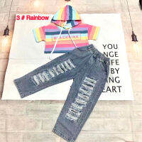 ?Sale! ชุดแฟชั่นเอวลอยเด็ก เสื้อ Rainbow + ยีนส์แฟชั่นขาด พร้อมส่ง มีเก็บเงินปลายทาง