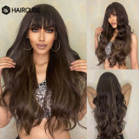 HAIRCUBE Brown Highlight Synthetic Wigs Long Water Wavy Wigs For Women With Bangs Daily Cosplay Heat Resistant Natural Hair Wigs Wig  Hair Extensions
