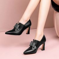 รองเท้าส้นเท้าอ้วน Para Mujeres ผู้หญิง Zapatos ใหม่ฤดูใบไม้ร่วงโบว์ไรน์สโตนรองเท้าส้นสูงหุ้มส้นเซ็กซี่แบบสวมบนรองเท้าบูทข้อเท้าเครื่องแต่งกายปาร์ตี้