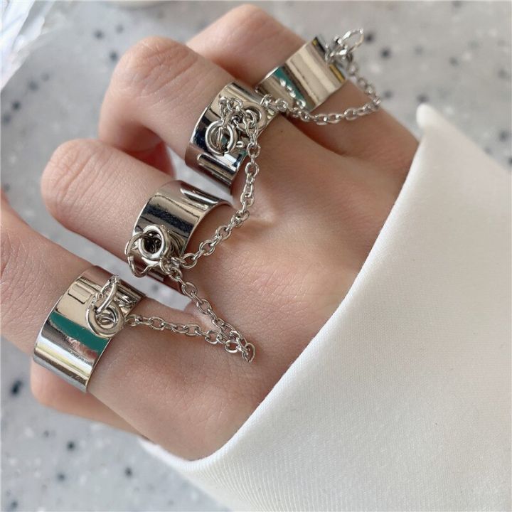 โซ่ชุดแหวนสีเงินฮิปป๊อป4ชิ้น-ชุดแหวนพังค์บุคลิกภาพสำหรับผู้หญิงแหวนนิ้วมือทรงเปิดเครื่องประดับงานปาร์ตี้