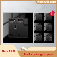 Depoguye Black Glass UK Standard USB Wall Socket Universal 5-hole Socket with Dual USB plug2.1A Charging Ports AC110V-250V