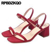 Two Strap Sandals Famous Brand Women Pumps Elegant Red Shoes Summer Block Soft Square Ladies Thick Chunky 2021 Bridal Low Heel