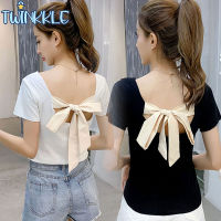 สไตล์เกาหลี  ผูกโบว์หลัง  หรูหรา  เสื้อแขนสั้น  Backless  เสื้อเเขนสั้นคอกลม