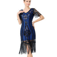 KK1920s Flapper ชุดแขนสั้น V คอเลื่อม Fringe Party Dresses ผู้หญิงวินเทจ20S Great Gatsby ชุดยาว Vestidosq11