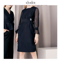 Shaka SS21 Glamour Stripe Lady Dress - DS-S210603 เดรสสั้น ความยาวคลุมเข่า แขนยาวพอง มีวอลลุ่ม ด้านหลังใส่ซิปซ่อน