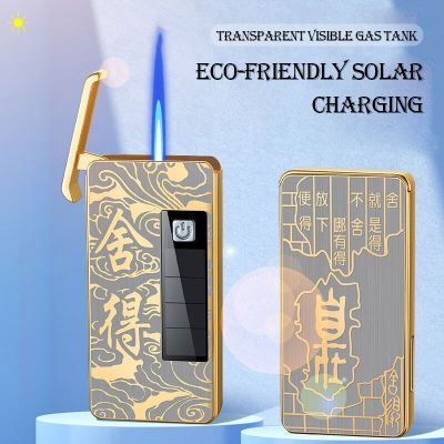 ZZOOI New Solar Charging Metal Jet Flame Gas Lighter Creative Personality Wind Proof Inflatable Electronic Lighter Smoking Mens Gift