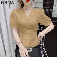 VONDA เสื้อสตรีแขนยาวพัฟคอวีแฟชั่นสำหรับผู้หญิง OL กระดุมเสื้อสีพื้น (ลำลองเกาหลี)