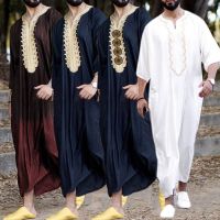 ผู้ชายมุสลิม Jubba Thobe Kaftans ชุดรอมฎอนเย็บปักถักร้อย Dishdasha Robe อาหรับหลวมยาวเสื้อชุด Eid Mubarak เสื้อผ้า