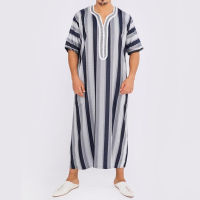 ใหม่อินเทรนด์เย็บปักถักร้อยมุสลิม Jubba Thobe สำหรับผู้ชายอิสลาม Kaftan Abaya ปากีสถานซาอุดีอาระเบีย Djellaba แขนสั้น1ชิ้น LongDres