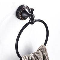 Anit-Rust Bathroom Towel holder Solid Copper Wall-Mounted Round BLACK Towel Ring Classic Towel Rack with Flower Carved