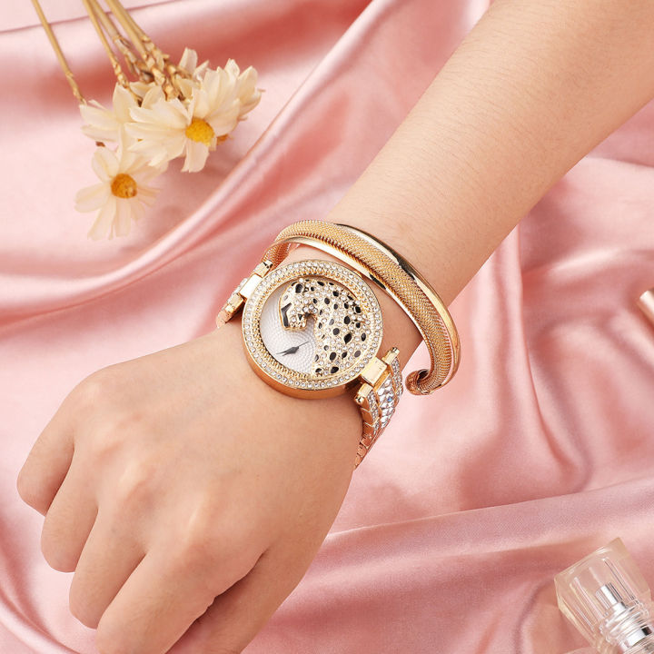 นาฬิกาผู้หญิงพลอยเทียมรูปเสือดาวนาฬิกาข้อมือเพชรเต็ม-สร้อยข้อมือโลหะผสมของขวัญสำหรับสุภาพสตรี