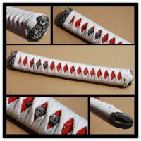 Delicate Straight Katana Tsuka White Silk Ito amp; Imitated Red Rayskin amp; Alloy Fuchi Kashira for Japanese Sword Katana Handle H7