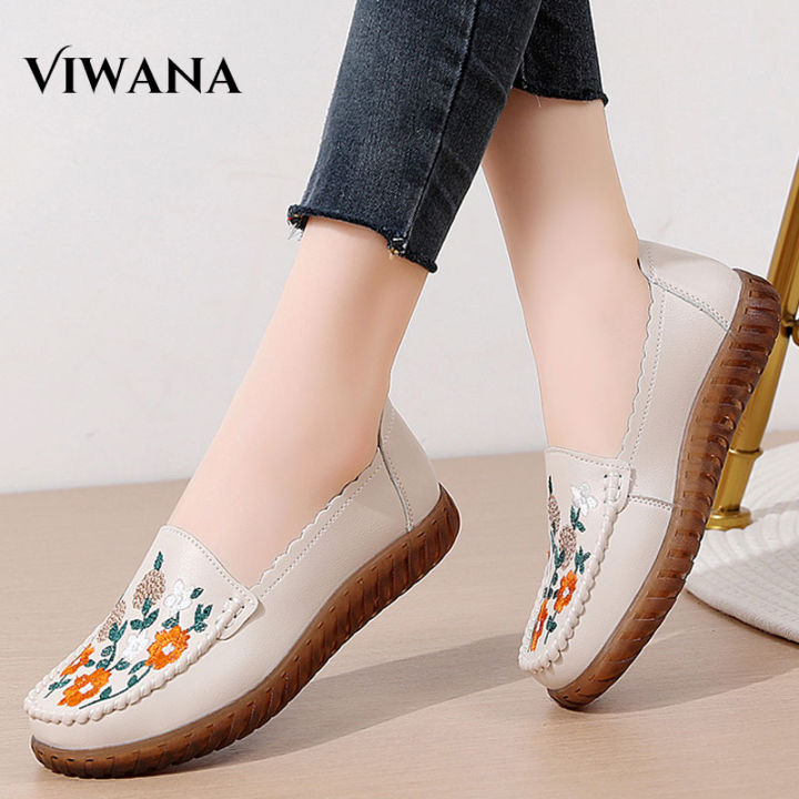 VIWANA Flat Shoes For Women Genuine Leather Embroidery Casual Slip On ...