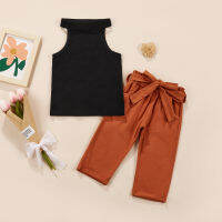 【Forever CY Baby】Toddler Girls Clothes Outfit, Solid Color Black Vest With Elastic Waistband Brown Pants Set