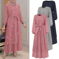 New Muslim Crewneck Lace Long Sleeve Loose Waist Loose Long Dress Womens 9902