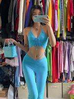 กางเกงขาบาน Conjunto De Duas Peças Sexy Bandagem Azul Calça Halter E Cintura Alta Ternos Bandagem Streetwear Com Cordão Moda Dos Anos 2000