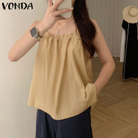 VONDA เสื้อหลวมสีทึบลำลองผู้หญิงแฟชั่นคอสี่เหลี่ยมเสื้อแขนกุดแต่งระบายทรงเอไลน์ (ดอกไม้เกาหลี)