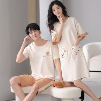 HotBig ขนาด M-4XL ชุดนอนคู่ชุดฤดูร้อนผู้ชายแขนสั้นชุดนอนผู้หญิง Nightgown ผ้าฝ้าย100 บ้านสูท