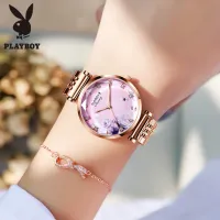 Top Brand Series Playboy Luxury Watch for Women Sale Original Pawnable Waterproof Elegant Sweet Unique Printed Bird Dazzling Diamond Dial Japan Imported Quartz Movement Fashion Stainless Casual Watch Pink/Purple