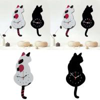 Cat Wall Clock สีขาว / สีดำกระดิกหางแมวออกแบบนาฬิกาแขวนเด็กห้องนอนตกแต่งผนังที่ไม่ซ้ำกันของขวัญสร้างสรรค์การ์ตูนปิดเสียงนาฬิกา DIY