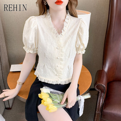 REHIN เสื้อเชิ้ตแขนสั้นคอวีของผู้หญิง,เสื้อเบลาส์หรูหราลูกไม้สุดชิคลายฉลุฝรั่งเศส