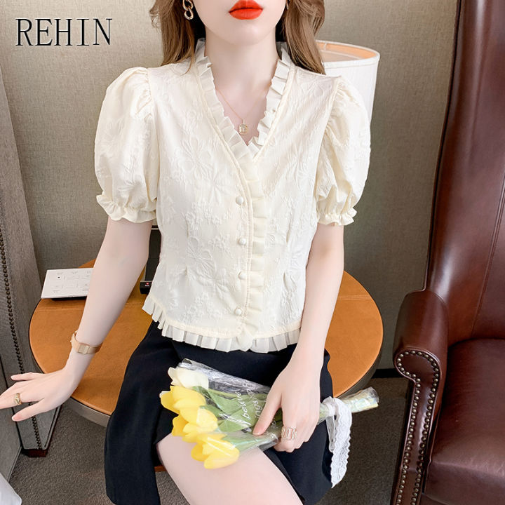 rehin-เสื้อเชิ้ตแขนสั้นคอวีของผู้หญิง-เสื้อเบลาส์หรูหราลูกไม้สุดชิคลายฉลุฝรั่งเศส
