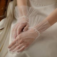 ↂ♣✌ Ivory Bride Dress Gloves Mesh Bow Pearl Short Lace Gloves Wedding Accessories Party Prom Cosplay Performance Women Bridal Gloves