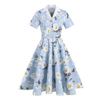 2021Tonval Notched Collar Daisy Elegant Women 1950s Vintage Belted Midi Dress Short Sleeve Button Front Ladies Floral Swing Dresses