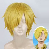 อะนิเมะเรื่องวันพีชวิกผมคอสเพลย์ Sanji วิกตรงสั้นสีทองสีเหลืองทนความร้อนได้ตาข่ายคลุมผมสำหรับใส่วิกวิกผมคอสเพลย์สังเคราะห์