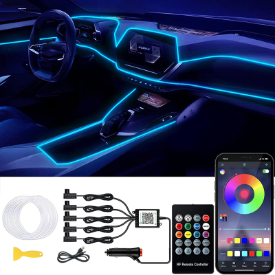 456IN1นีออน LED ภายในรถแสงโดยรอบ App เพลงควบคุม RGB แถบใยแก้วนำแสง EL ลวดอัตโนมัติ LED บรรยากาศโคมไฟตกแต่ง